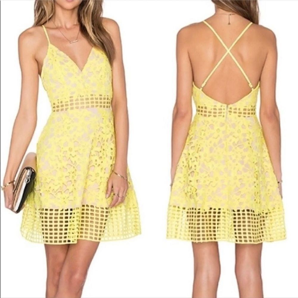 LOVERS & FRIENDS Bellini Dress Sunshine Yellow Lace Crochet Over Nude Women’s S